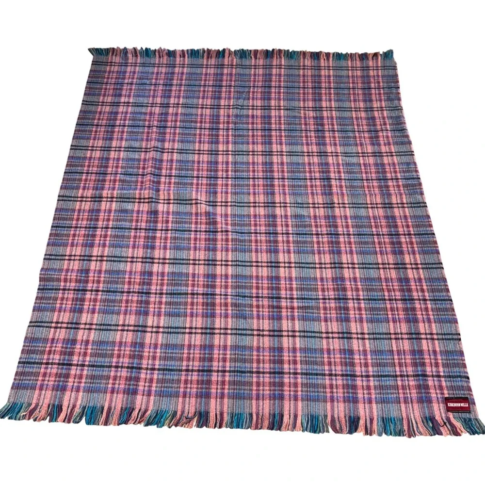 Vintage Kirkburn Mills Scotland Wool Tartan Throw Blanket Pink Blue Fringe 72x59